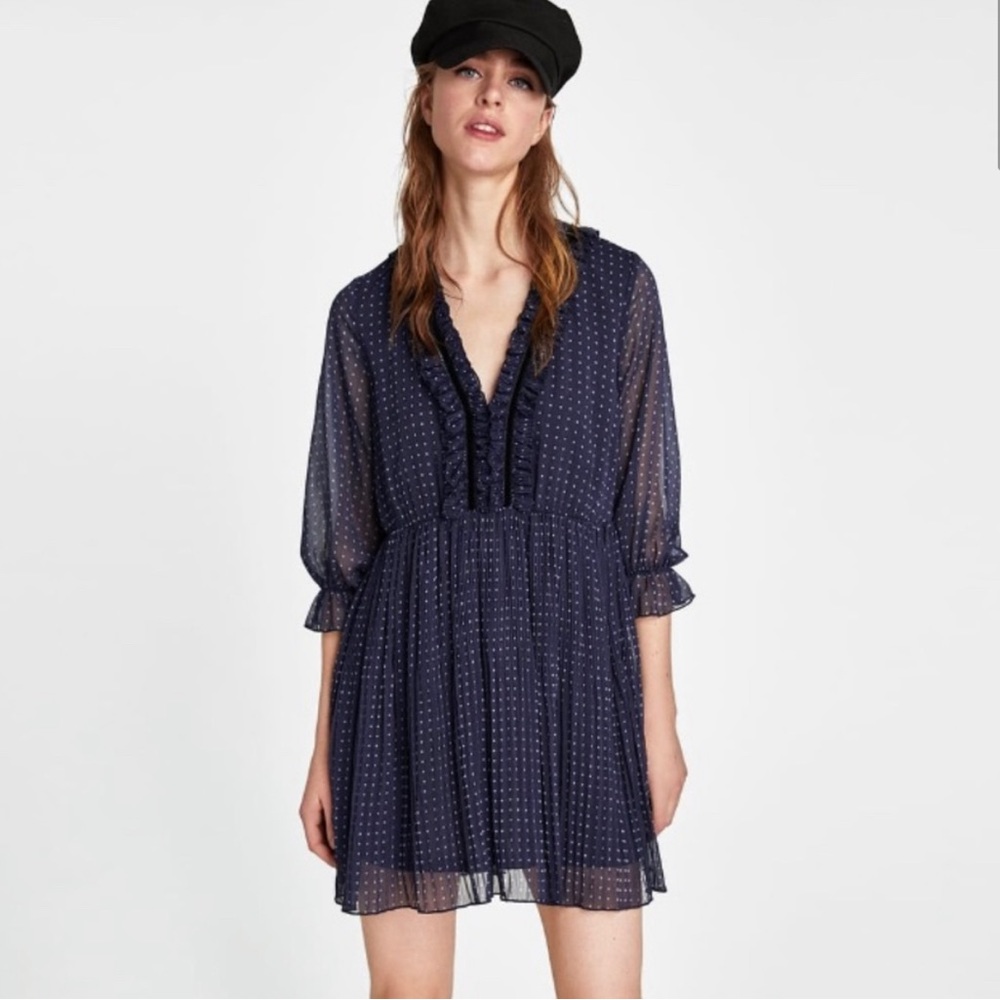 Zara Polka Dot Navy Dress with Pleats